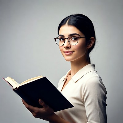 Woman reading book with glasses