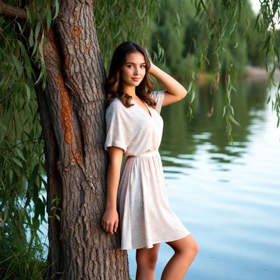 Young woman leaning against willow tree