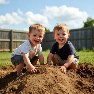 Twin boys playing in dirt pile