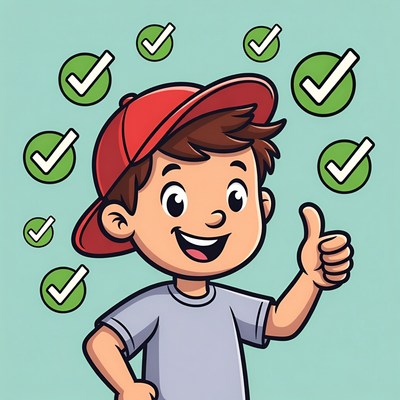 Cartoon boy giving thumbs up with checkmarks