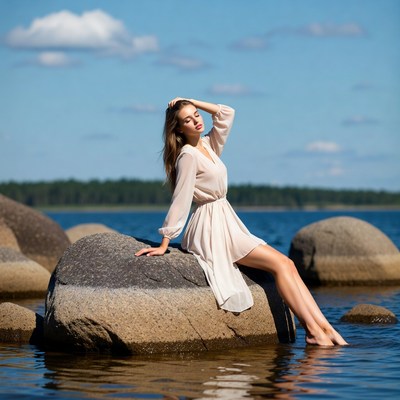 Woman in white dress on lakeside rocks