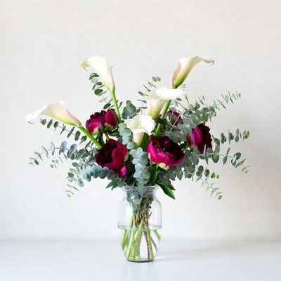 White Calla Lilies and Red Peonies Bouquet