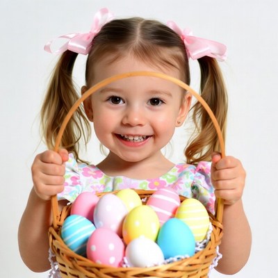 Girl holding Easter basket eggs