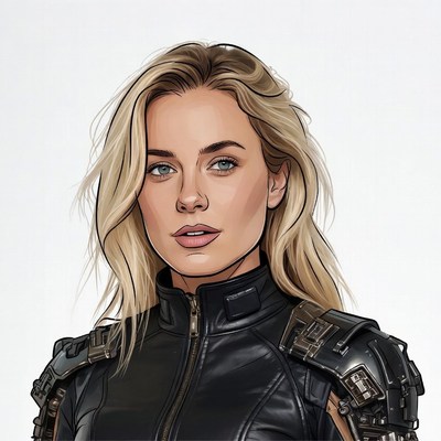 Blonde woman in black armored suit