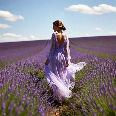 Woman in lavender dress in field