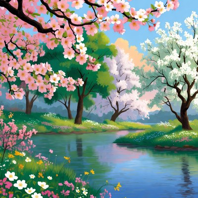 Cherry Blossom Trees by River