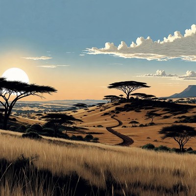 Savanna Landscape with Acacia Trees at Sunset