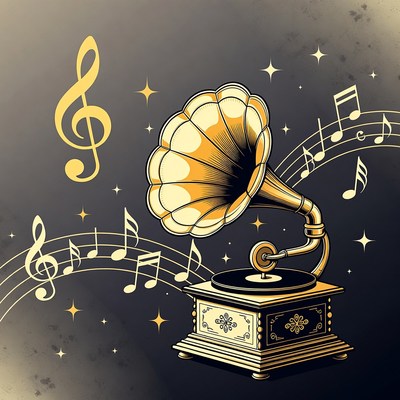 Vintage Gramophone with Music Notes