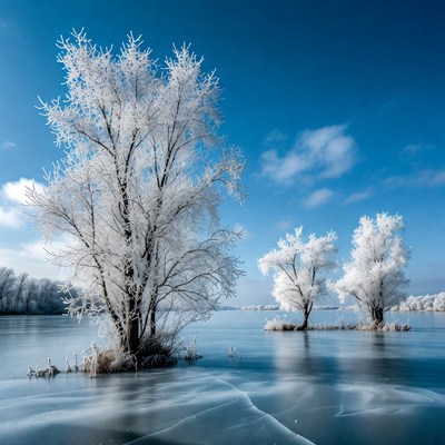 Frost-covered trees on frozen lake