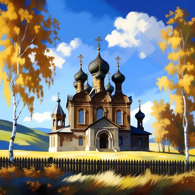 Russian Orthodox Church in Autumn Forest