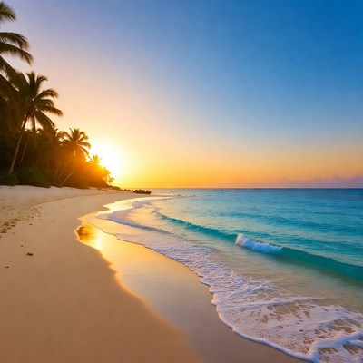 Tropical Beach Sunset with Palm Trees