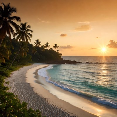 Tropical Beach Sunset with Palm Trees