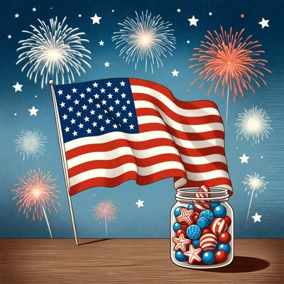 American Flag with Patriotic Candy Jar