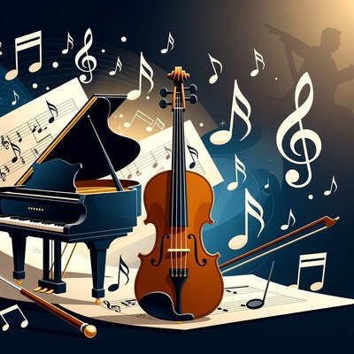 Violin and Grand Piano with Music Notes
