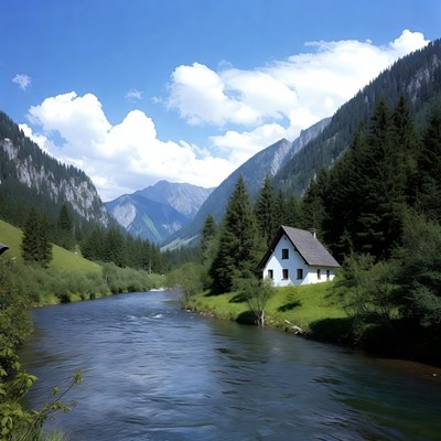 White house by river in mountains