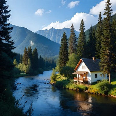 White Cottage by Mountain River