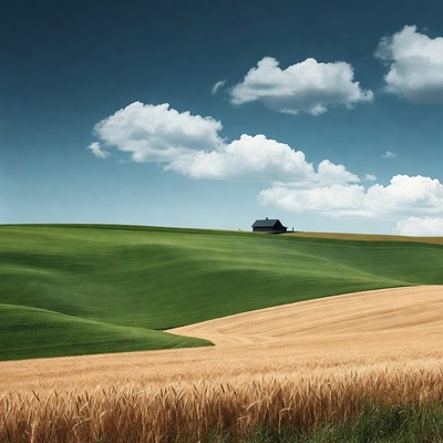 Black Cabin on Green Wheat Rolling Hills
