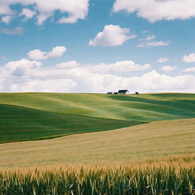 White farmhouse on rolling green fields