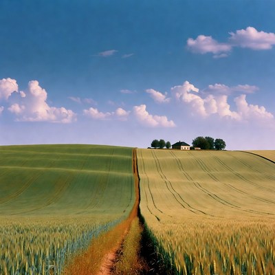 Green fields with path and house