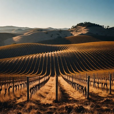 Golden Vineyard Rows at Sunset