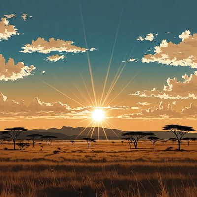 Savanna Sunset with Sun Rays