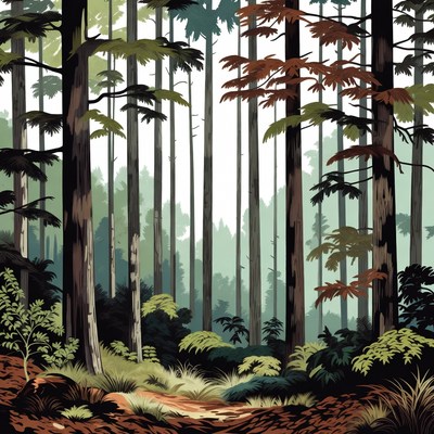 Tall Pine Forest with Path Illustration