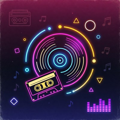 Neon Vinyl Record and Cassette