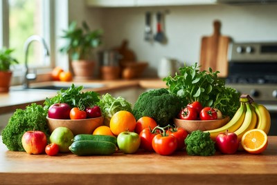 Fresh vegetables and fruits on kitchen counter