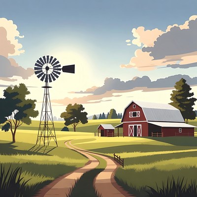 Red Barn Windmill Farm Landscape
