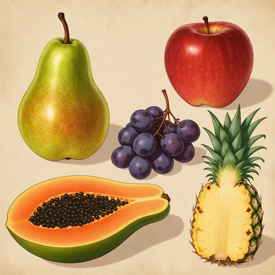 Fresh Fruits Illustration: Pear Apple Grapes Papaya Pineapple