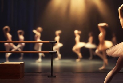 Ballerina at barre with dancers