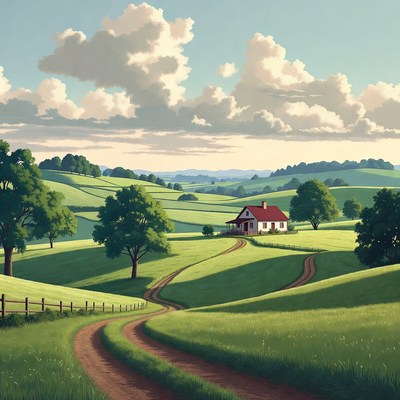 Red House in Rolling Green Hills