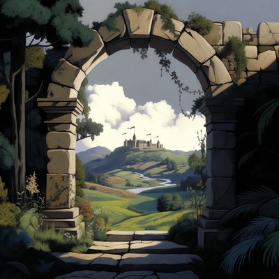 Stone Archway Framing Distant Castle