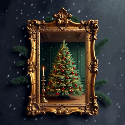 Ornate Gold Frame with Lit Christmas Tree