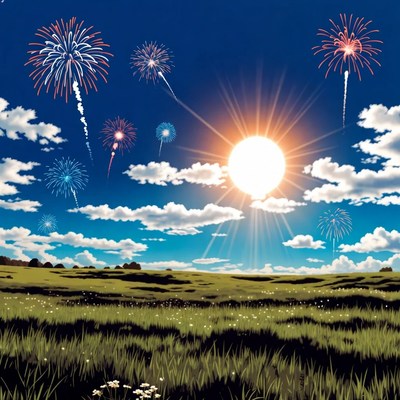 Vibrant Fireworks over Sunny Grassland