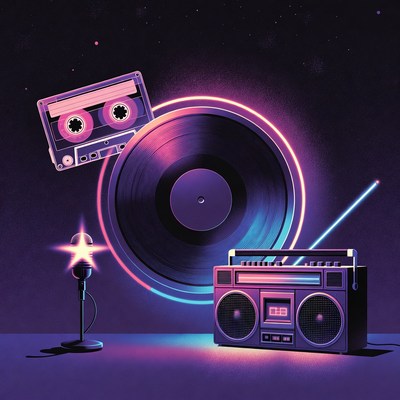 Neon Retro Cassette Boombox Vinyl Microphone