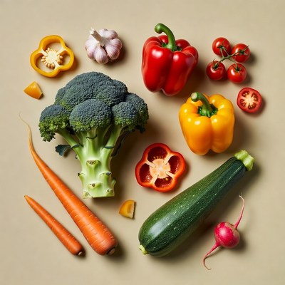 Fresh vegetables arranged on beige background