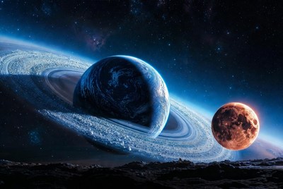Blue Saturn with Rings and Red Moon
