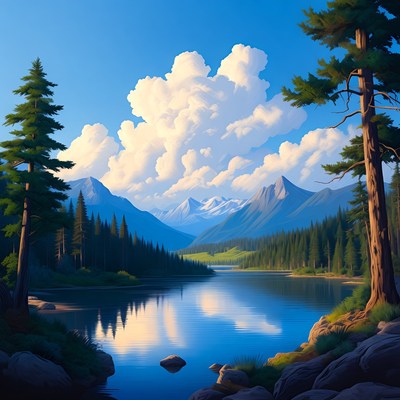 Mountain Lake with Pine Trees