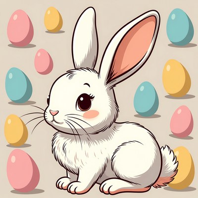 Cute white bunny with Easter eggs