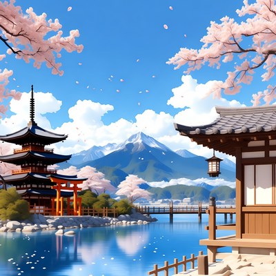 Japanese Pagoda with Cherry Blossoms and Mount Fuji