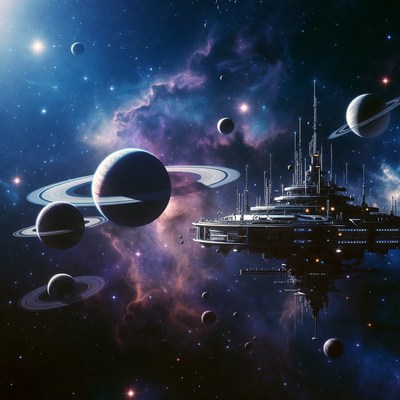 Futuristic Space Station Orbiting Planets