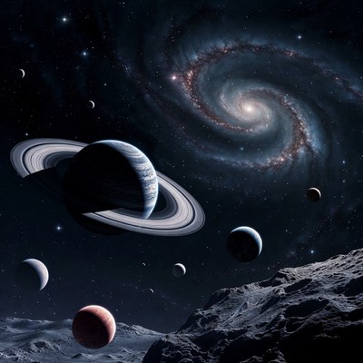 Saturn and Spiral Galaxy in Space