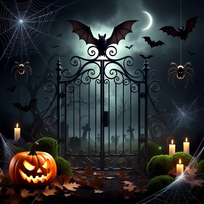 Spooky Halloween Gate with Bats and Pumpkins