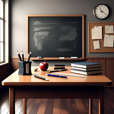 Empty Classroom Desk with Blackboard