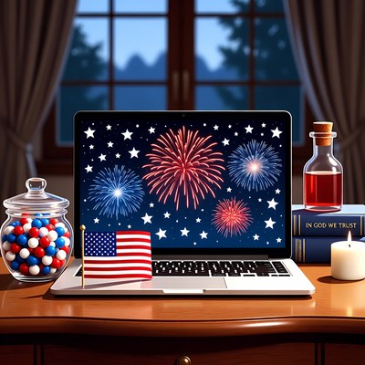 Laptop Screen with Patriotic Fireworks