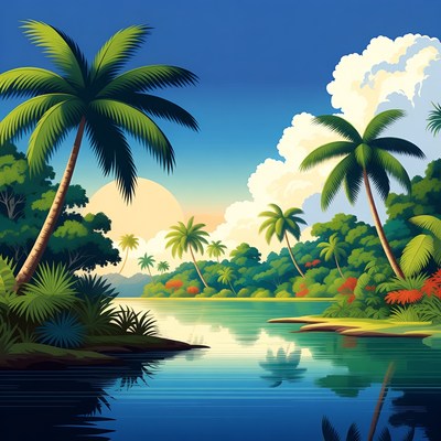 Tropical Palm Trees by River Sunset