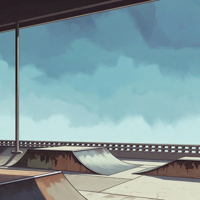 Skateboard ramps under cloudy sky