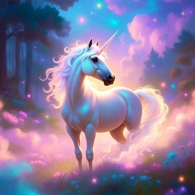 Majestic white unicorn in enchanted forest