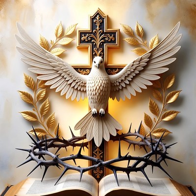 Dove on Golden Cross with Open Bible